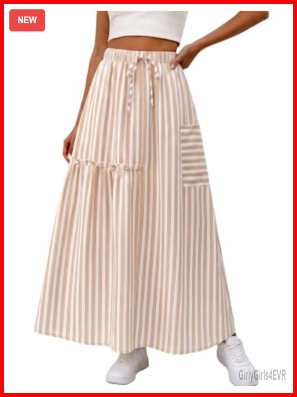 Womens Striped Cotton Maxi Skirt High Waisted A-Line Ruffle Tiered